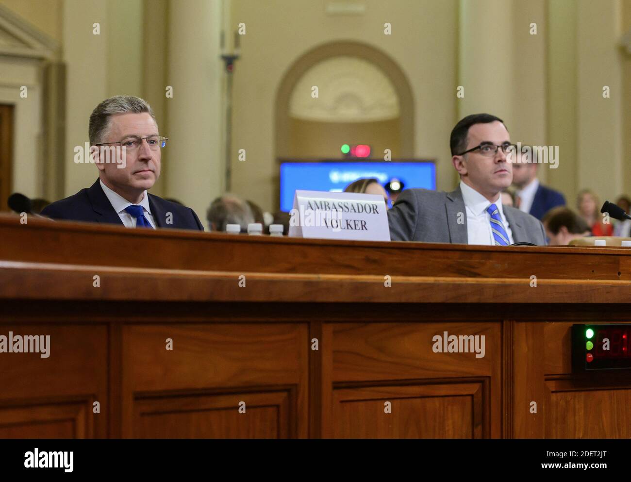 Ambassador Kurt Volker, former Special United States Envoy to Ukraine and Timothy Morrison, Special Assistant to the President and Senior Director for Europe and Russia, National Security Council (NSC), listen to the opening statements as they wait to testify during the US House Permanent Select Committee on Intelligence public hearing as they investigate the impeachment of US President Donald J. Trump on Capitol Hill in Washington, DC, USA on Tuesday, November 19, 2019. Photo by Ron Sachs/CNP/ABACAPRESS.COM Stock Photo