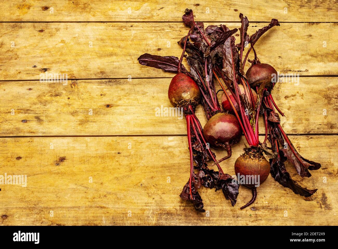 Fresh homegrown beetroot with leaves on vintage wooden boards table ...