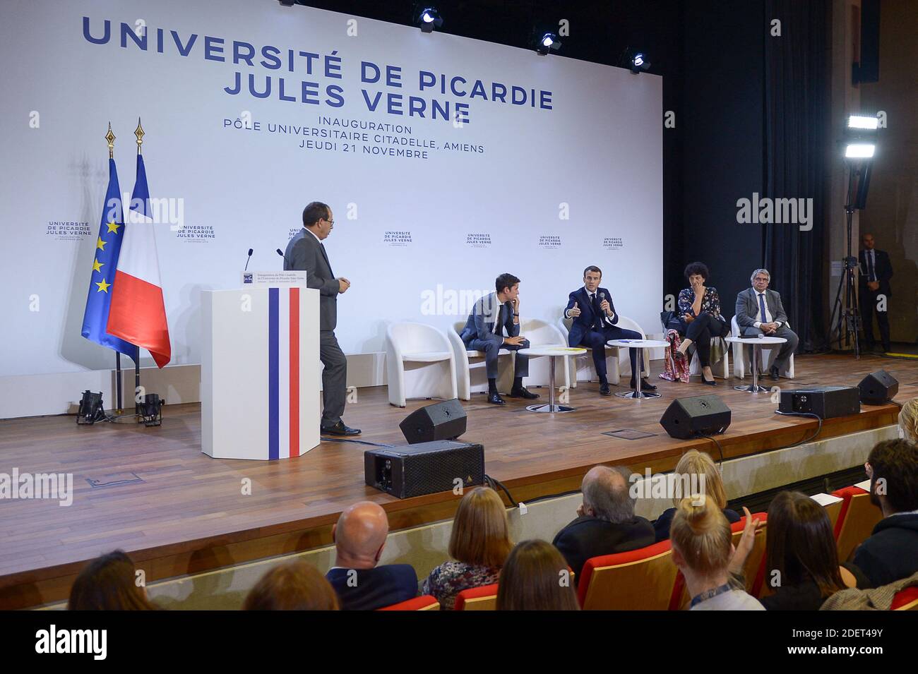 French President Emmanuel Macron, Gabriel Attal, Minister of State, attached to the Minister of National Education and Youth, Frederique Vidal, Minister of Higher Education, Research and Innovation - French President Emmanuel Macron visits the new university pole of the University Jules Verne, located in the heart of the Citadel of Amiens, listed building of the early seventeenth century redesigned by the architect Renzo Piano, and meeting with the students outside and Gabriel Attal, Frederique Vidal. Then presentation of the HUB energy - Tiamat start up and GRECO innovation by Professor of th Stock Photo