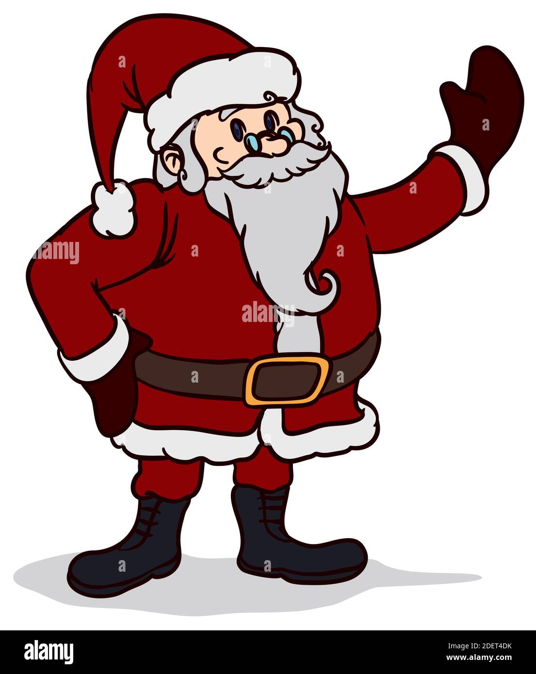 Festive Santa Claus saluting at you in its traditional attire: red wear and hat, white cuffs and pompom, boots and gloves, isolated over white backgro Stock Vector