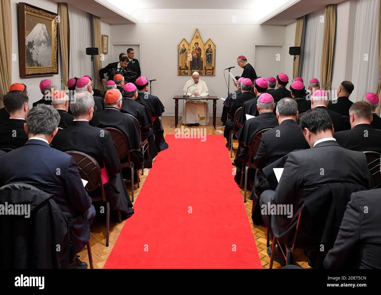 Pope Francis attends a meeting with Bishops at the Apostolic Nunciature in Tokyo on November 23, 2019 on the first day of a four day visit to Japan. Japan is the second stop on a seven day Apostolic Journey to Asia. Photo: ABACAPRESS.COM Stock Photo