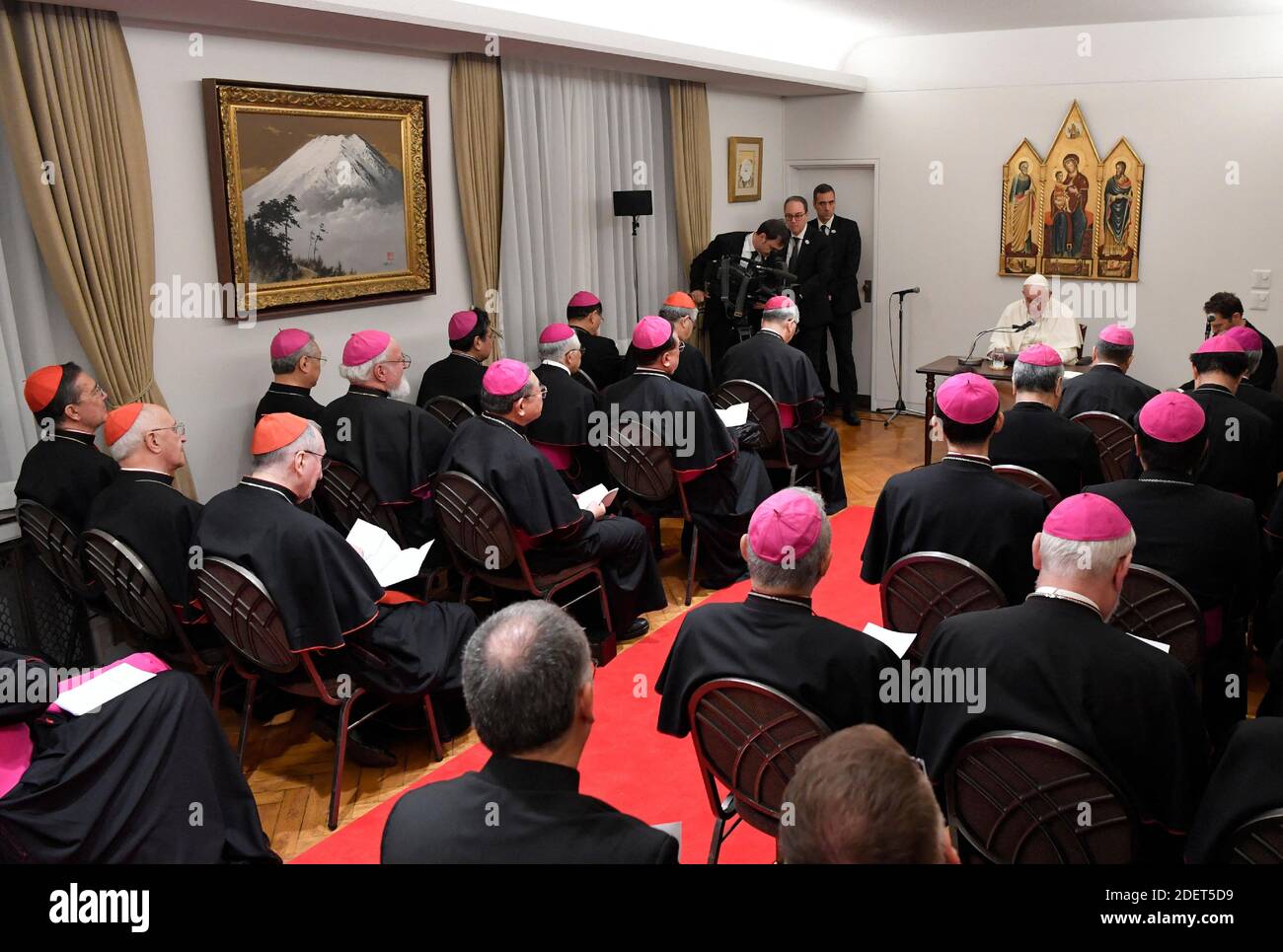 Pope Francis attends a meeting with Bishops at the Apostolic Nunciature in Tokyo on November 23, 2019 on the first day of a four day visit to Japan. Japan is the second stop on a seven day Apostolic Journey to Asia. Photo: ABACAPRESS.COM Stock Photo