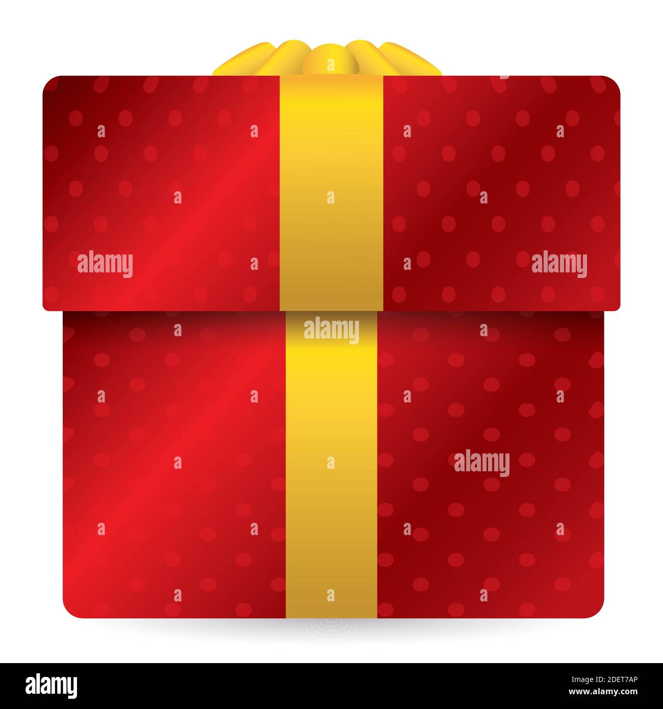 Red and dotted envelope in a gift box decorated with golden ribbon and bow, isolated over white background. Stock Vector