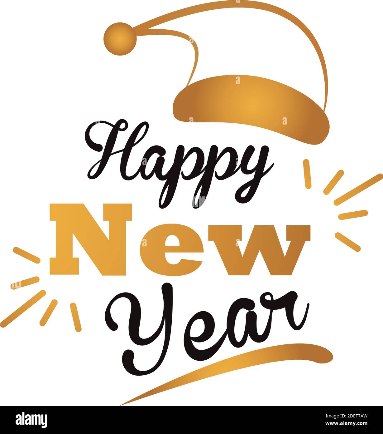 happy new year lettering card with golden santa hat vector illustration ...