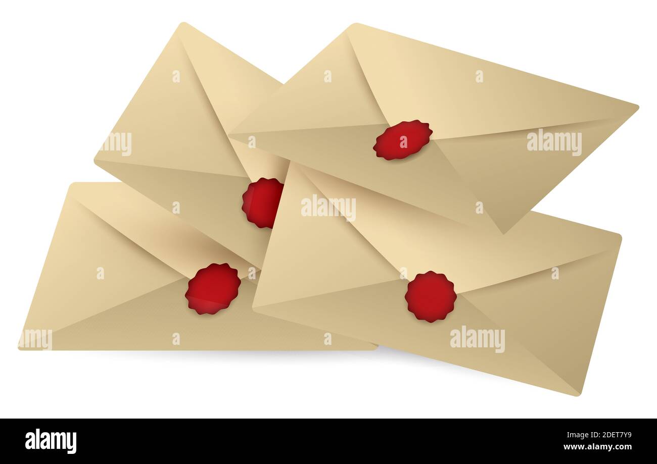 Aged paper envelopes, closed with red wax seal, isolated over white ...