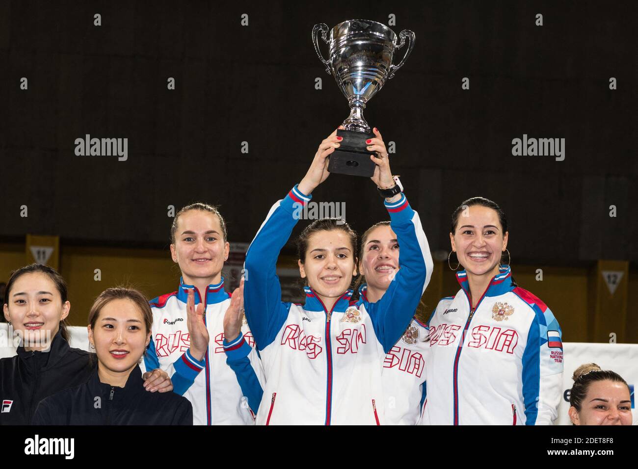 National fencing (sabre) team of Russia, from left to right Sofya ...