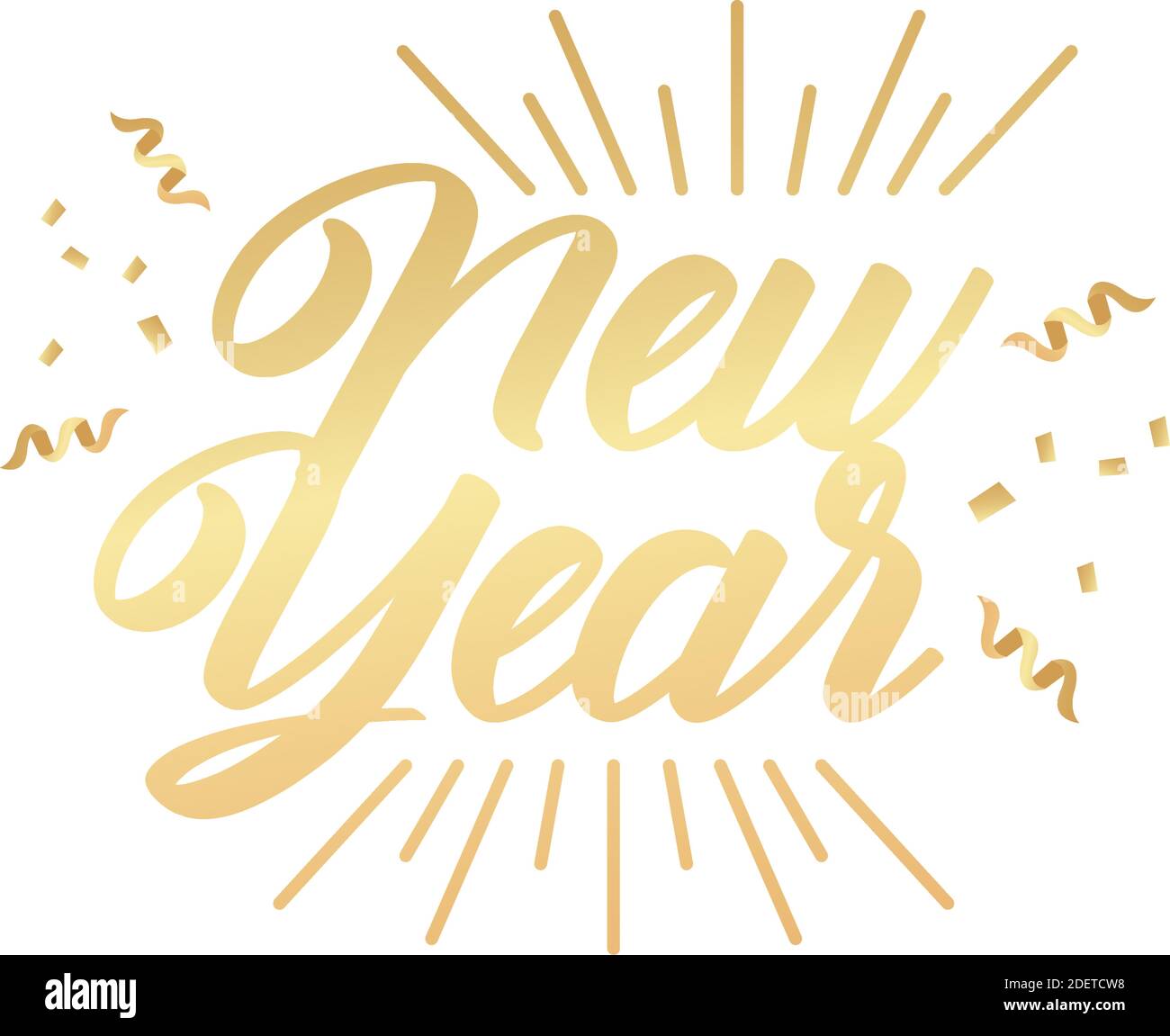 happy new year golden lettering in sunburst frame with confetti vector ...