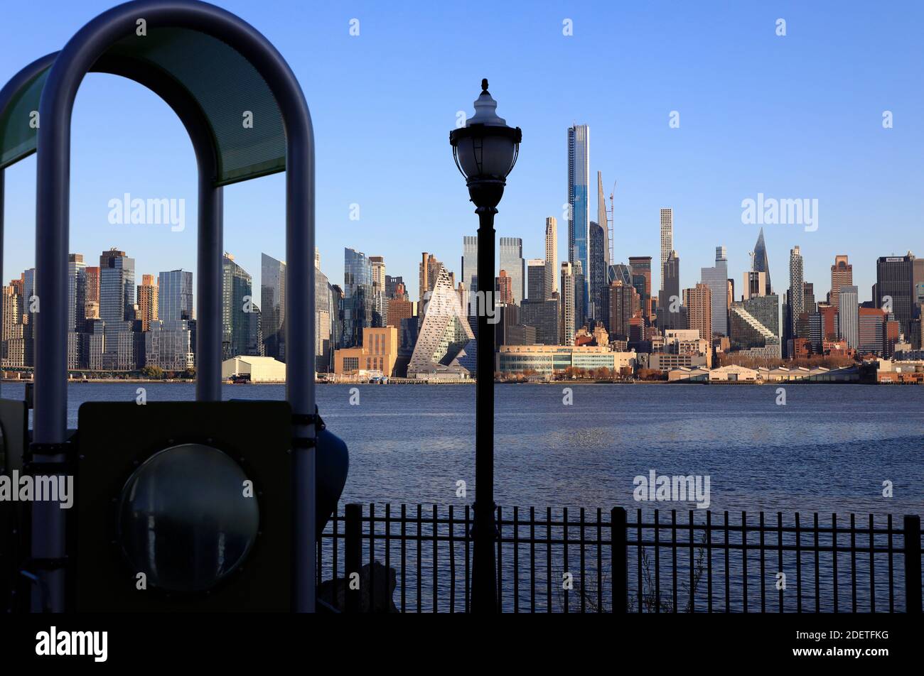 The view of Manhattan of New York City from Weehawken waterfront park. New Jersey.USA Stock