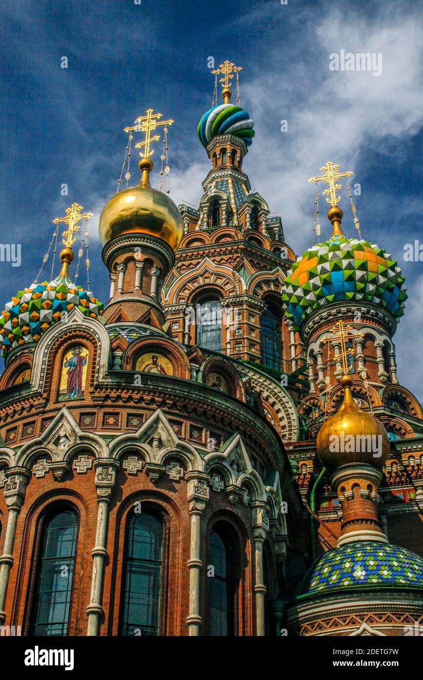 Onion domes of the Church of the Saviour on Spilled Blood in St. Petersburg, Russia Stock Photo