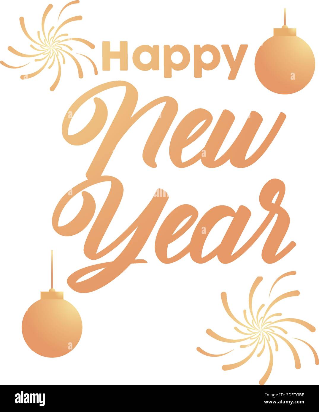 happy new year golden lettering with balls hanging and fireworks vector ...