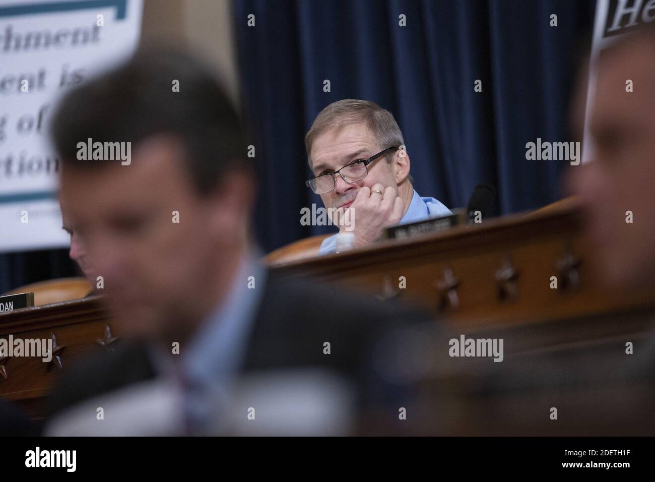 United States Representative Jim Jordan (Republican of Ohio) listens during the United States House Committee on the Judiciary hearing with constitutional law experts Noah Feldman, of Harvard University, Pamela Karlan, of Stanford University, Michael Gerhardt, of the University of North Carolina, and Jonathan Turley of The George Washington University Law School on Capitol Hill in Washington, DC, USA on Wednesday, December 4, 2019. Photo by Stefani Reynolds/CNP/ABACAPRESS.COM Stock Photo