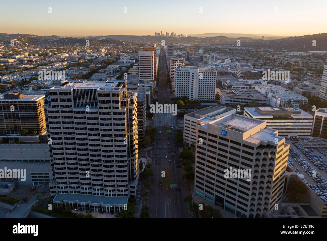 Aerial view above downtown Glendale, California at sunset looking down Brand Blvd Stock Photo