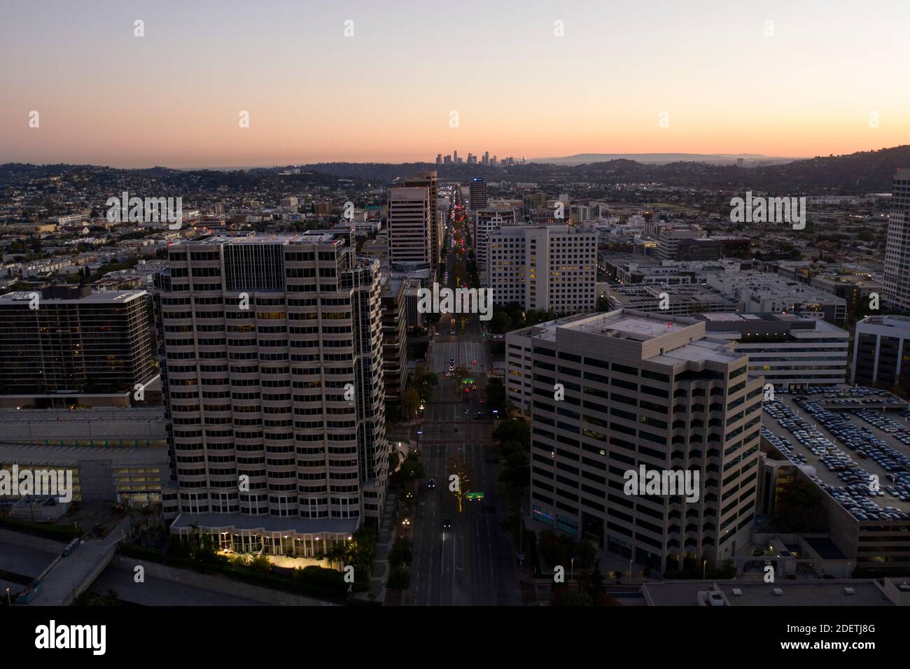 Aerial view looking down Brand Boulevard towards the distant downtown Los Angeles skyline Stock Photo