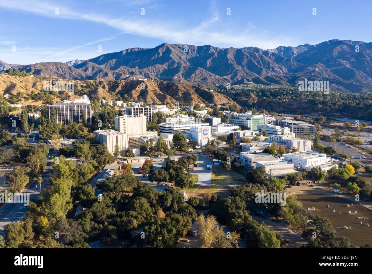 Aerial view of the NASA JPL, Jet Propulsion Laboratory in the foothills above Pasadena California (in La Canada Flintridge) Stock Photo