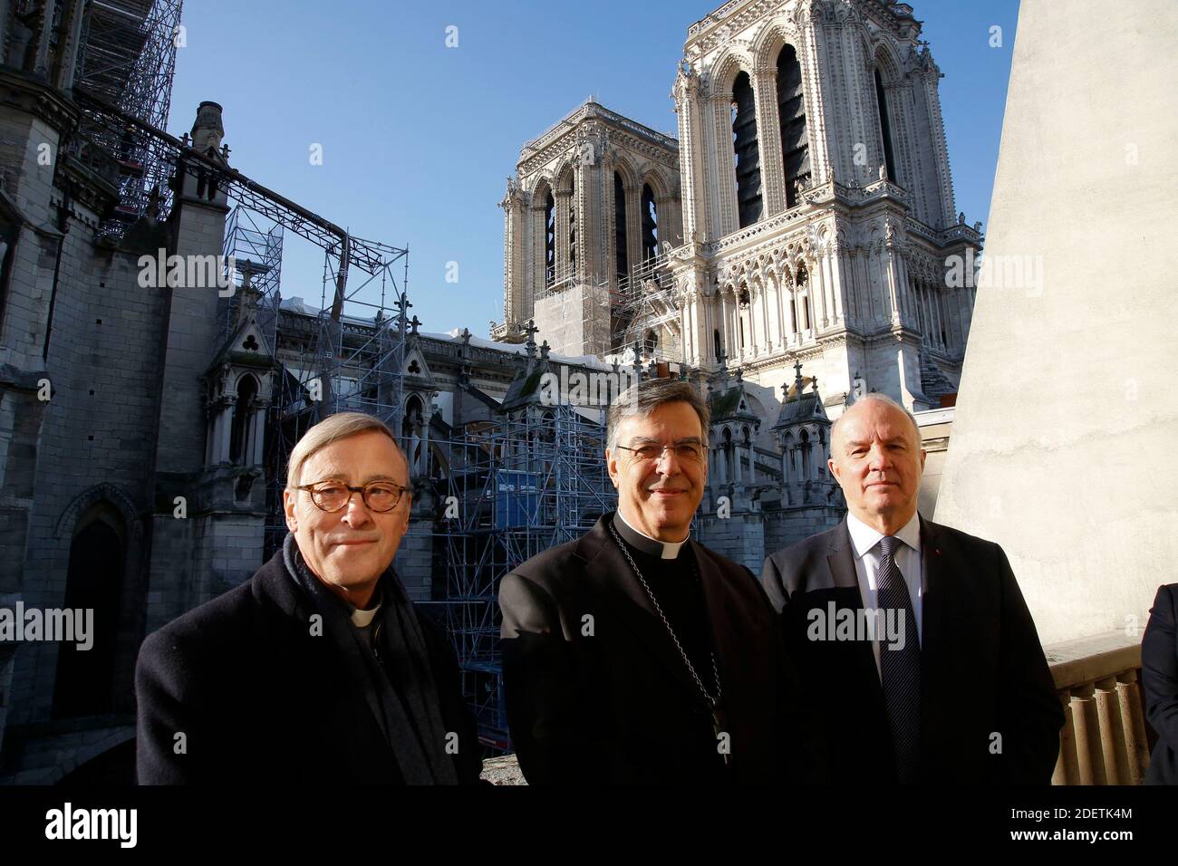 Monseigneur Michel Aupetit, President of the Fondation Notre Dame, General  Jean-Louis Georgelin, in charge of the Restoration of Notre Dame,  Monseigneur Chauvet, rector of Notre Dame at the signing of the Restoration