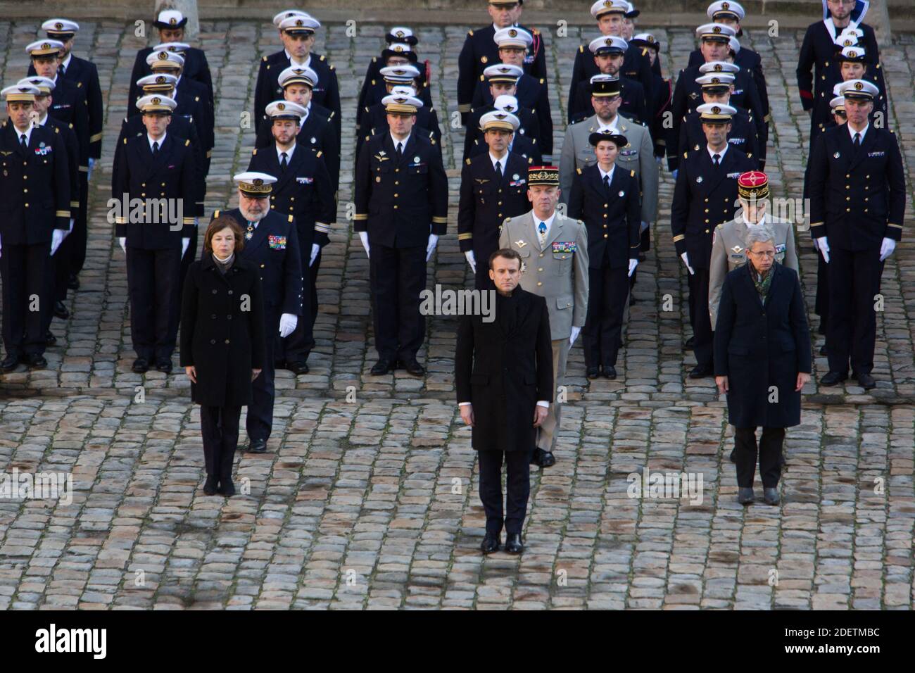 French President Emmanuel Macron followed by minister of army Florence ...