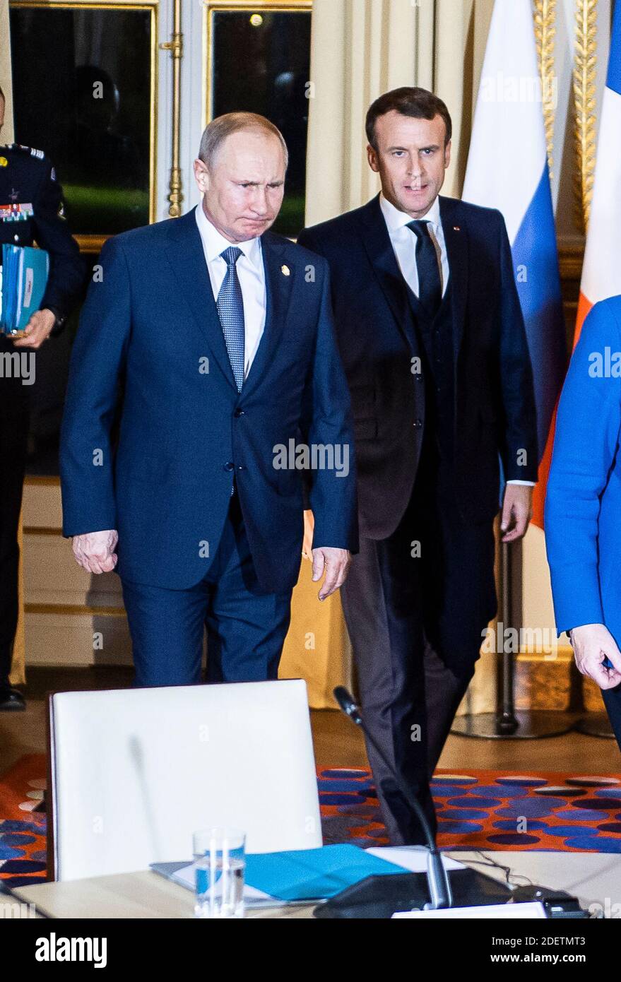 French President Emmanuel Macron, Russian President Vladimir Putin during a meeting of the Normandy Four leaders at the Elysee Palace in Paris, France, on December 9, 2019. Photo by Eliot Blondet/ABACAPRESS.COM Stock Photo