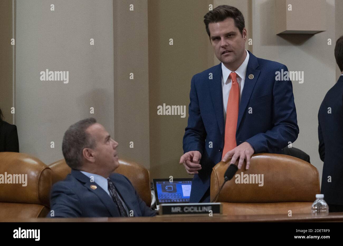 United States Representative David Cicilline (Democrat of Rhode Island), left, and US Representative Matt Gaetz (Republican of Florida), right, confer prior to hearing opening statements as the US House Committee on the Judiciary begins its markup of House Resolution 755, Articles of Impeachment Against President Donald J. Trump, in the Longworth House Office Building in Washington, DC, USA on Wednesday, December 11, 2019. Photo by Ron Sachs/CNP/ABACAPRESS.COM Stock Photo