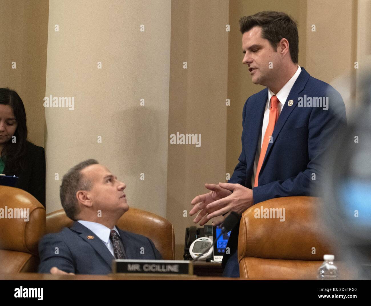 United States Representative David Cicilline (Democrat of Rhode Island), left, and US Representative Matt Gaetz (Republican of Florida), right, confer prior to hearing opening statements as the US House Committee on the Judiciary begins its markup of House Resolution 755, Articles of Impeachment Against President Donald J. Trump, in the Longworth House Office Building in Washington, DC, USA on Wednesday, December 11, 2019. Photo by Ron Sachs/CNP/ABACAPRESS.COM Stock Photo