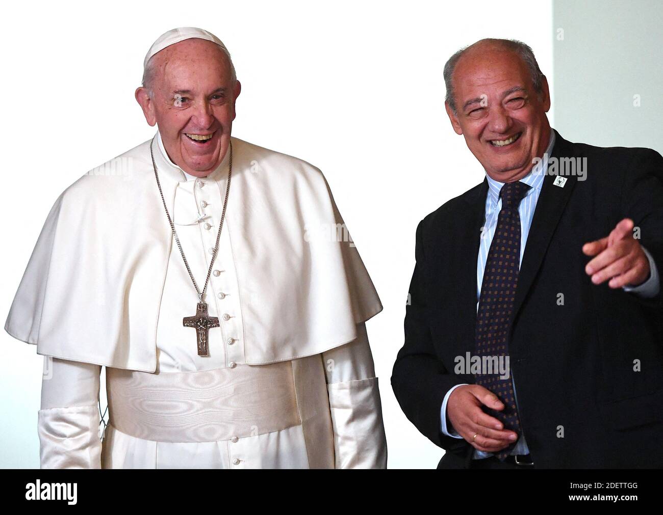 Pope Francis inaugurated on December 13, 2019 in Rome, Italy the new Vatican headquarters of 'Scholas Occurrentes', a pontifical organization involved in education in 190 countries around the world. Right: Jose Maria del Corral, Global Head of the Foundation. The foundation, a benefit Organisation, whose name means 'schools that meet' in Spanish, links technology with the arts, aiming at social integration and a cultural of peace. Francis had created a similar organisation when he was Cardinal Jorge Bergoglio in Buenos Aires, but Scholas has now become an international foundation working out o Stock Photo