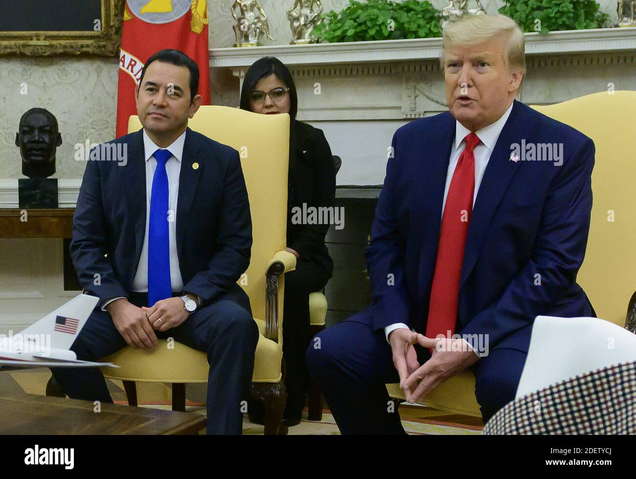 United States President Donald J. Trump makes remarks as he welcomes President Jimmy Morales of the Republic of Guatemala to the Oval Office of the White House in Washington, DC on Tuesday, December 17, 2019. Photo by Ron Sachs/CNP/ABACAPRESS.COM Stock Photo