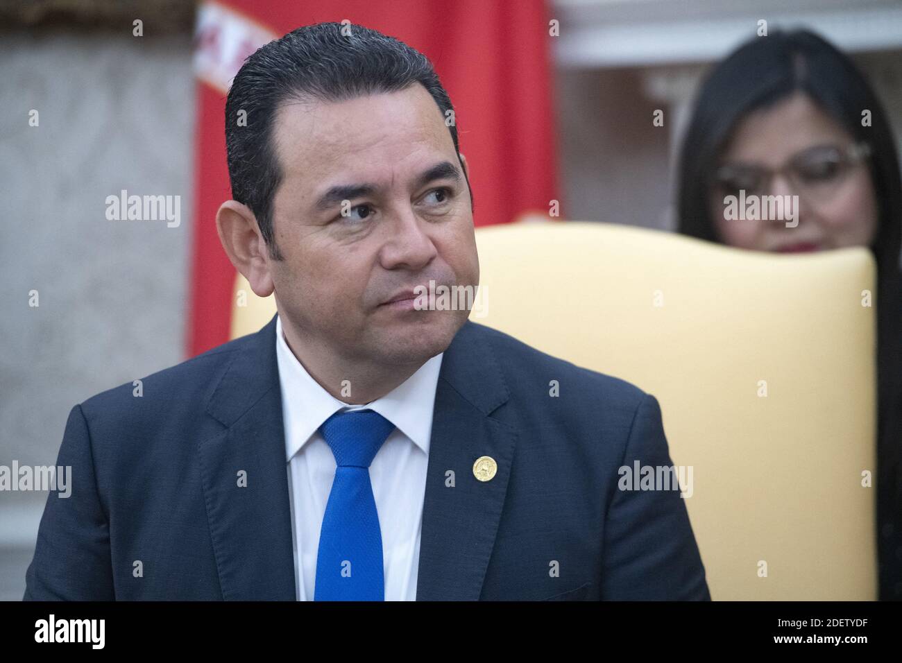 President Jimmy Morales of the Republic of Guatemala listens as United States President Donald J. Trump makes remarks welcoming him to the Oval Office of the White House in Washington, DC on Tuesday, December 17, 2019. Photo by Ron Sachs/CNP/ABACAPRESS.COM Stock Photo