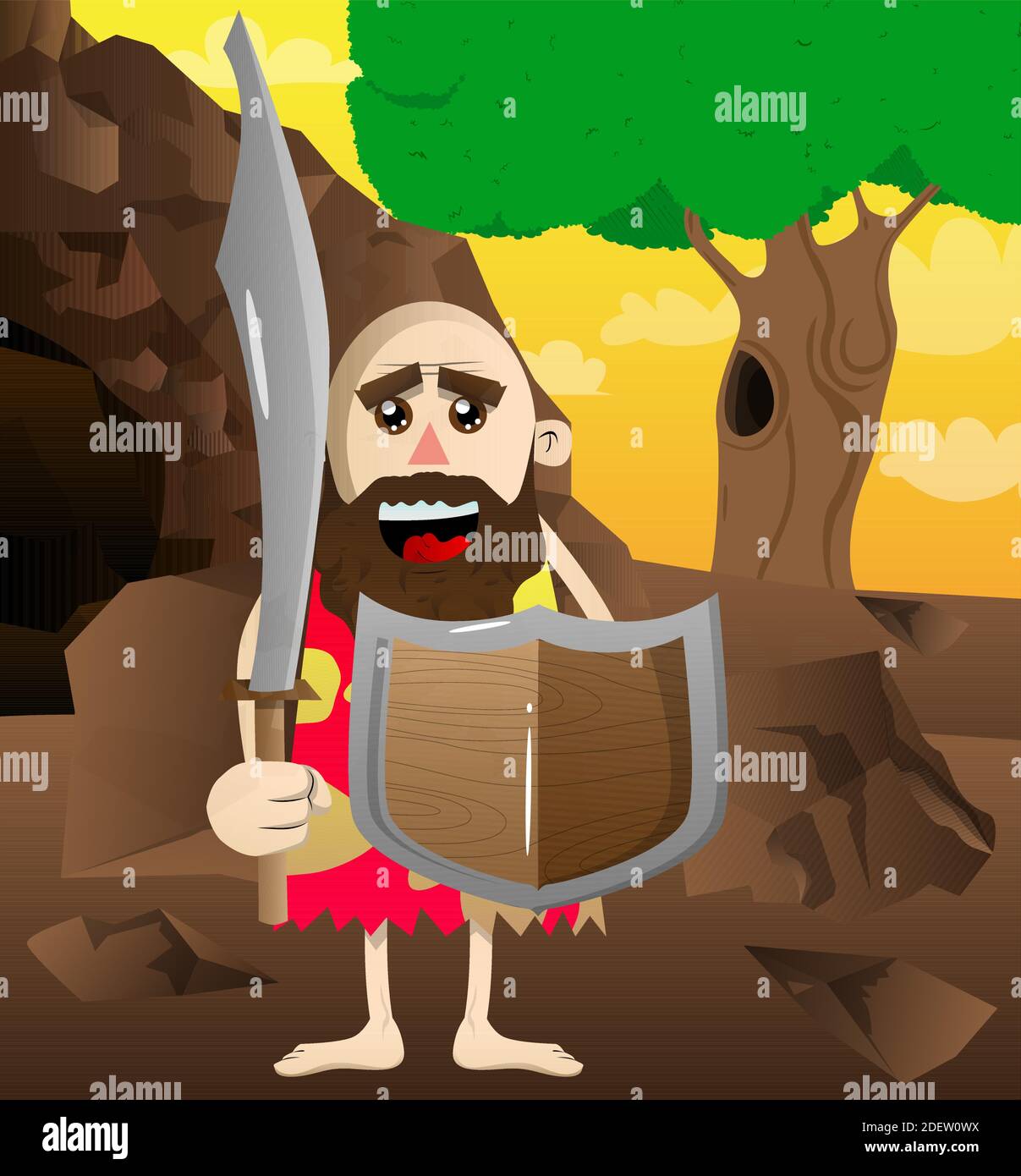 Cartoon man from prehistoric era holding a sword and shield. Vector illustration of a man from the stone age. Stock Vector