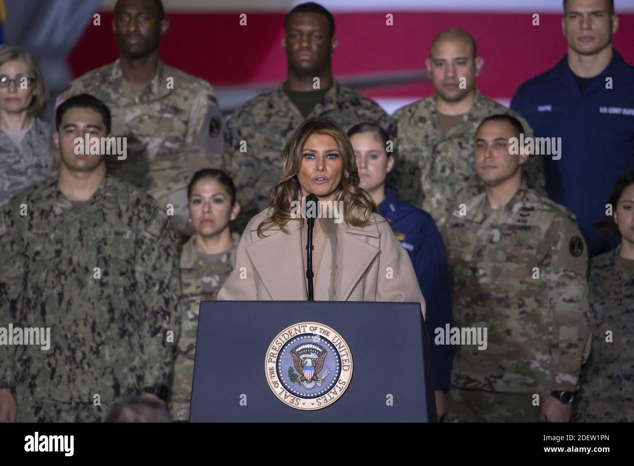 First Lady Melania Trump participates in the signing ceremony for the National Defense Authorization Act for Fiscal Year 2020 inside Hangar Six at Joint Base Andrews in Suitland, Maryland, USA, December 20, 2019. The 738 billion US dollar military funding bill includes the creation of the 'Space Force'. Photo by Erik S. Lesser/Pool/ABACAPRESS.COM Stock Photo