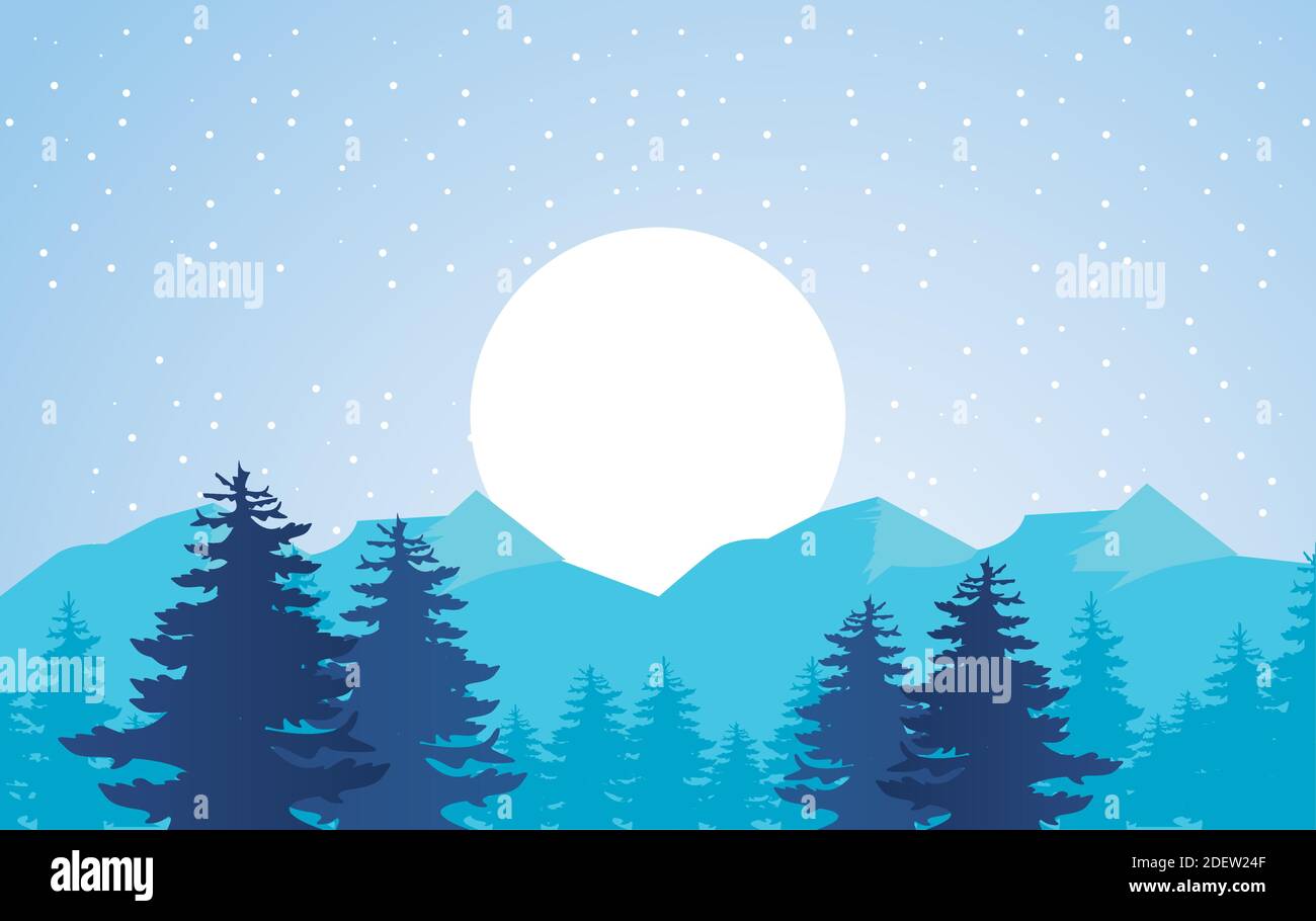beauty blue winter landscape scene with sun and forest vector ...