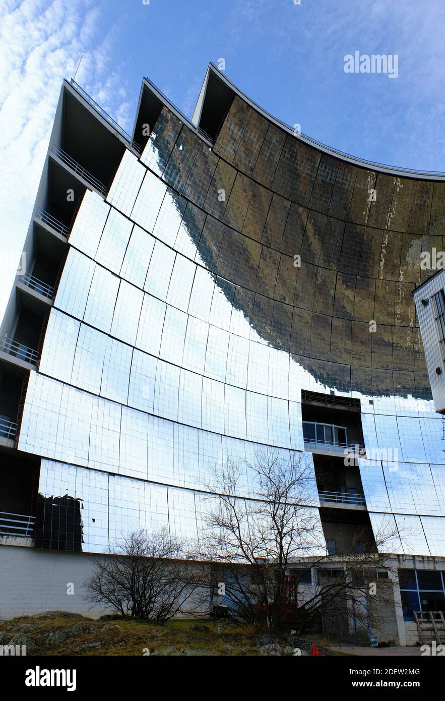 Odeillo’s big solar furnace near Font Romeu. The solar furnace uses 2 reflections by mirror to