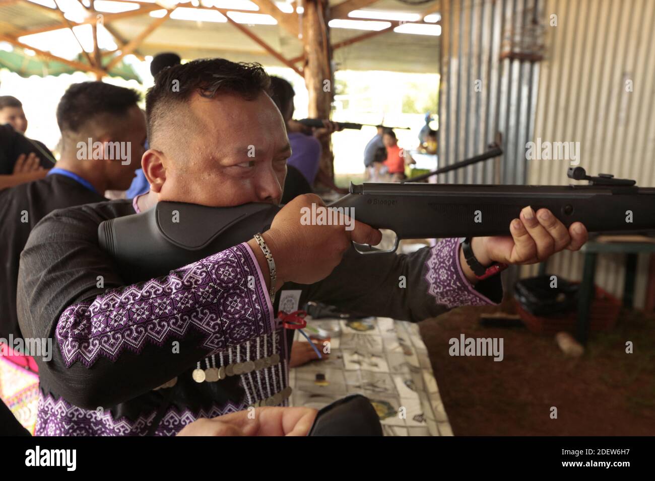 CACAO, FRENCH GUYANA -NOVEMBER 13: New year with traditional dress of the Hmongs refugees on November 13, 2019 in Cacao, French Guiana.The Hmong are a Southeast Asian people from the mountains that have been persecuted for 40 years by Laos and Vietnam gouvernements. It was the Vietnam war that broken their isolation. After having fought for their freedom with the French Army in 1950 and American in 1970 many Hmongs are today refugees in French Guyana and in the USA.(Photo by Patrick Aventurier/ABACAPRESS.COM) Stock Photo