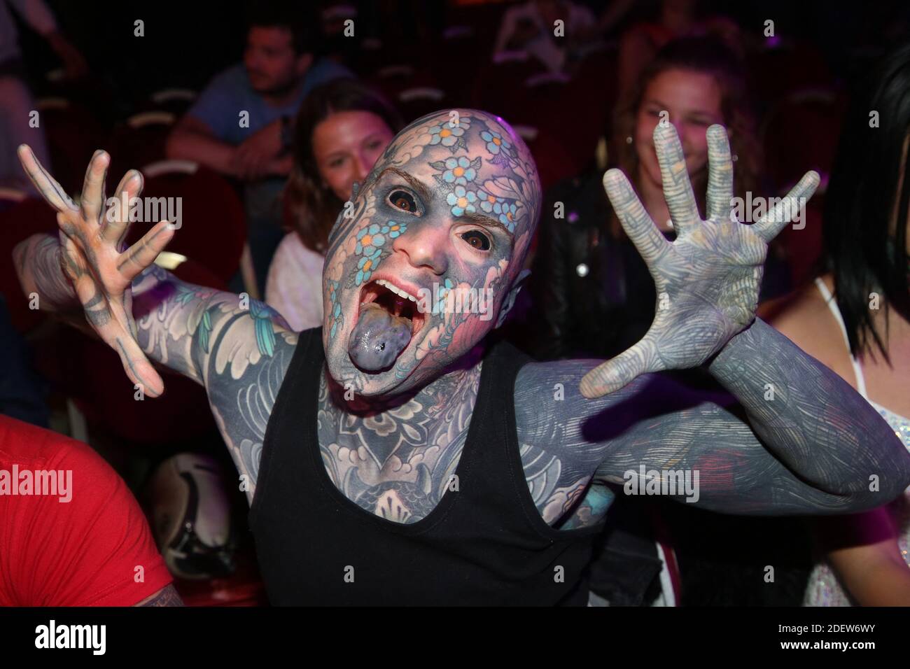 Sylvain Helaine aka Freaky Hoody during Miss Tatoo Party. June 13, 2019 in  Paris, France. Photo by Jerome Domine/ABACAPRESS.COM Stock Photo - Alamy
