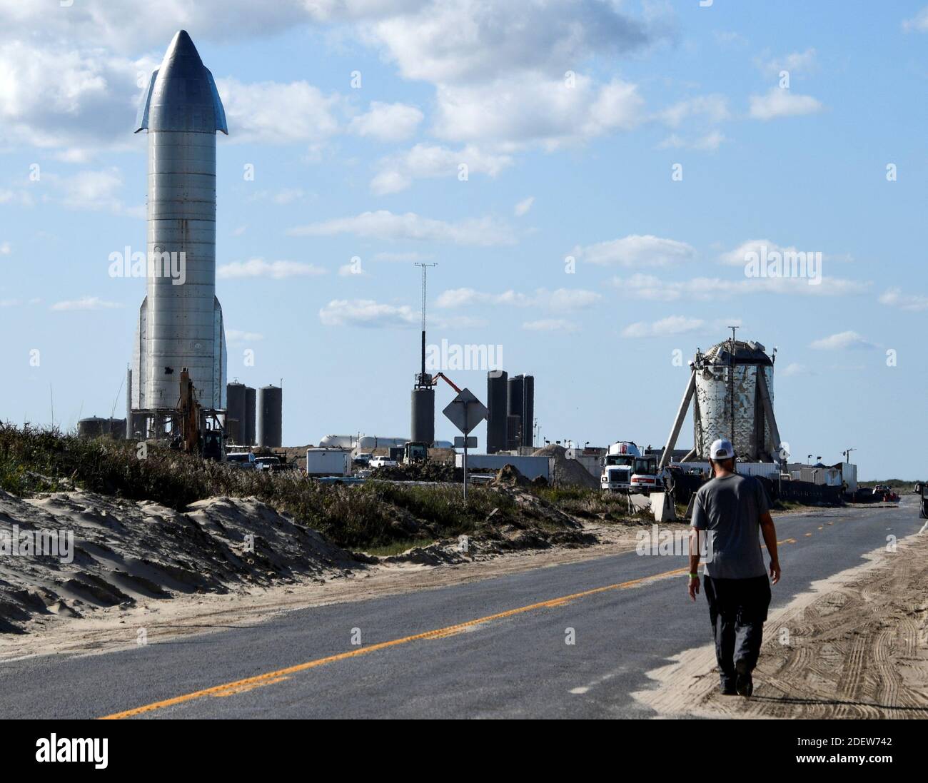 A space buff checks out the test sight as SpaceX prepares their super  heavy-lift Starship SN8 rocket for a test launch this week at the company's  facilities in Boca Chica, Texas, U.S.