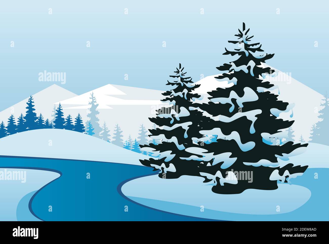 beautiful winter landscape scene with pines trees vector illustration ...