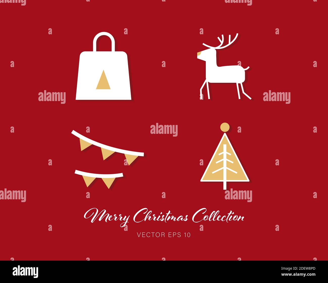 Beautiful white and gold theme Christmas flat icon set of 4 designs on red background Stock Vector