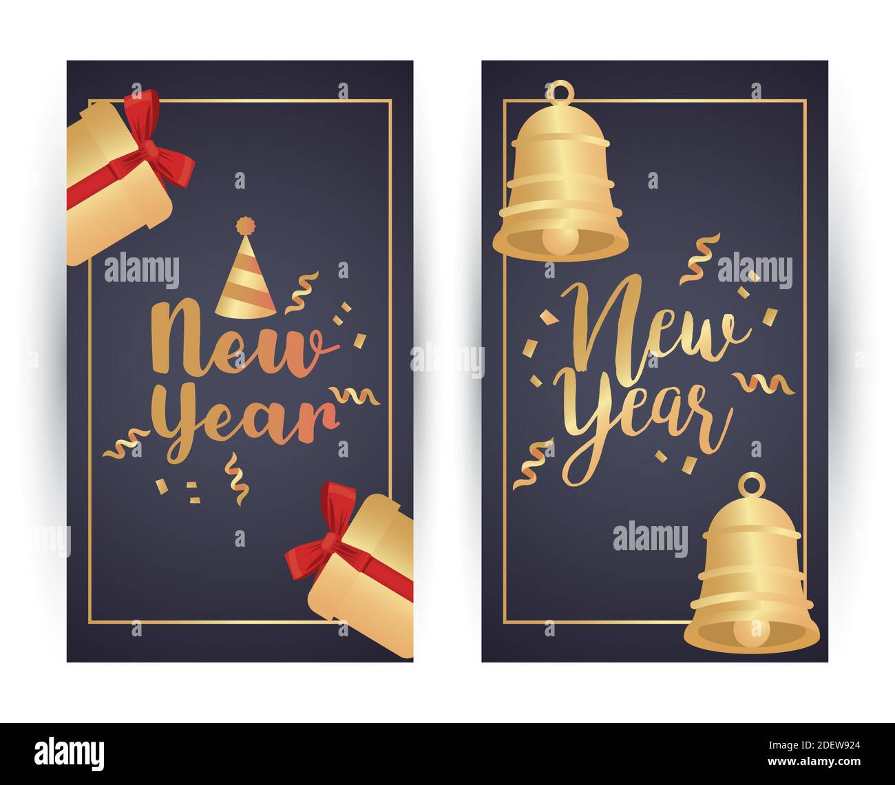 happy new year golden letterings with gifts and bells vector ...