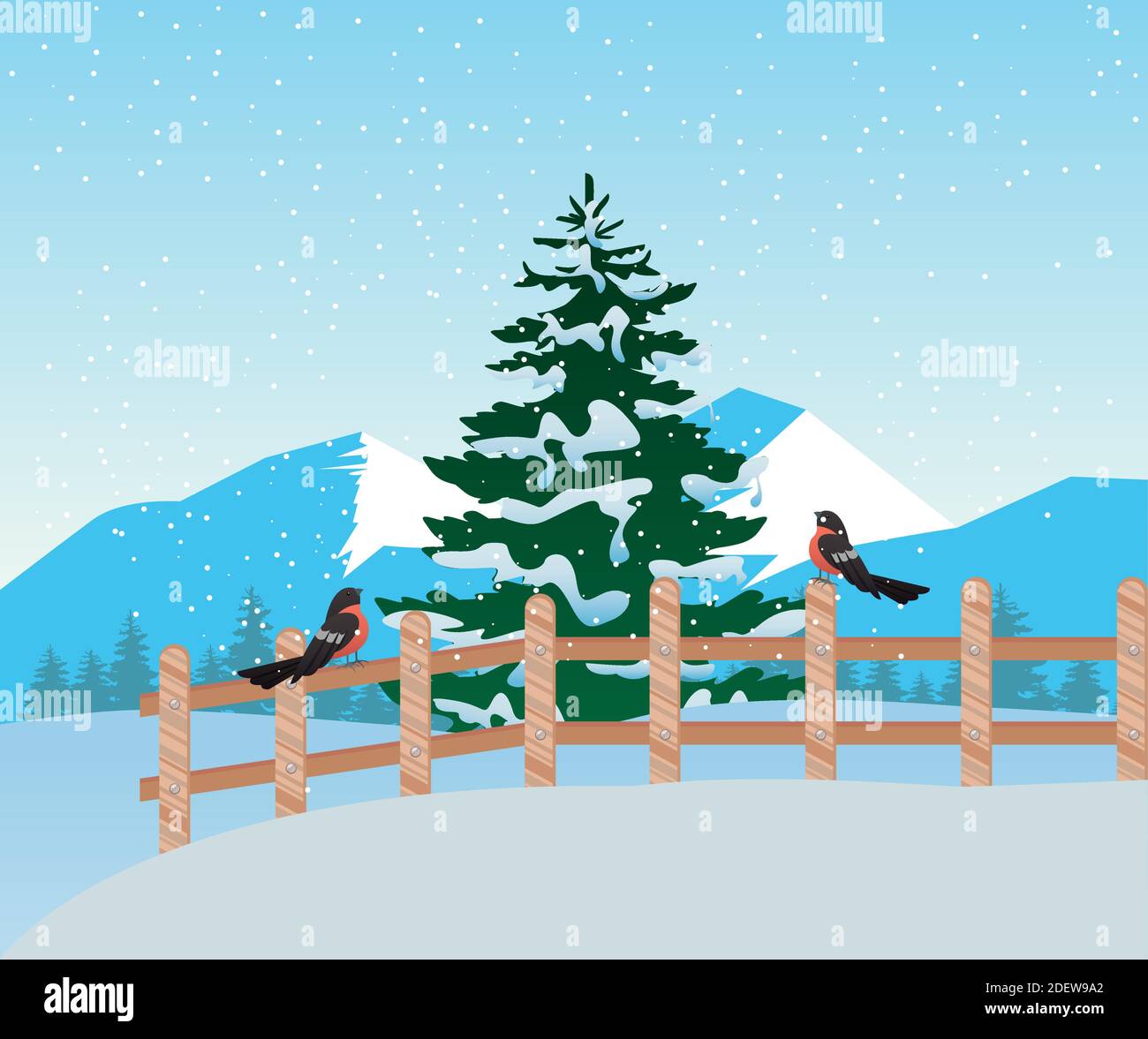 beautiful winter landscape scene with pine tree and robin in fence ...