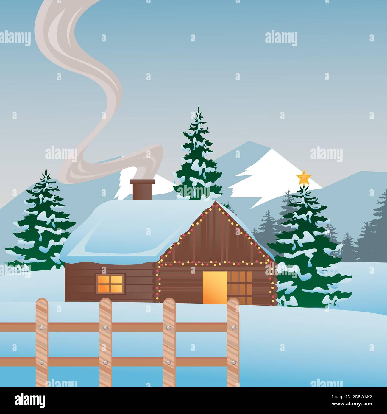 beautiful house and pines trees with fence winter landscape scene ...