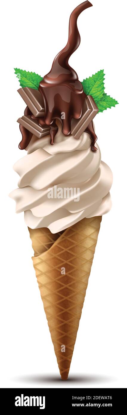 3d realistic vector soft serve frozen yogurt or vanilla ice cream with on top liquid chocolate with mint leaves. Stock Vector