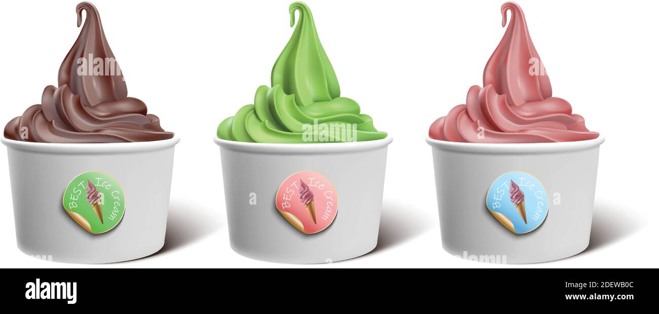 Vector realistic soft serve frozen yogurt or ice cream in a paper bowl for creamery advertisement in chocolate, matcha or berry flavor. Stock Vector
