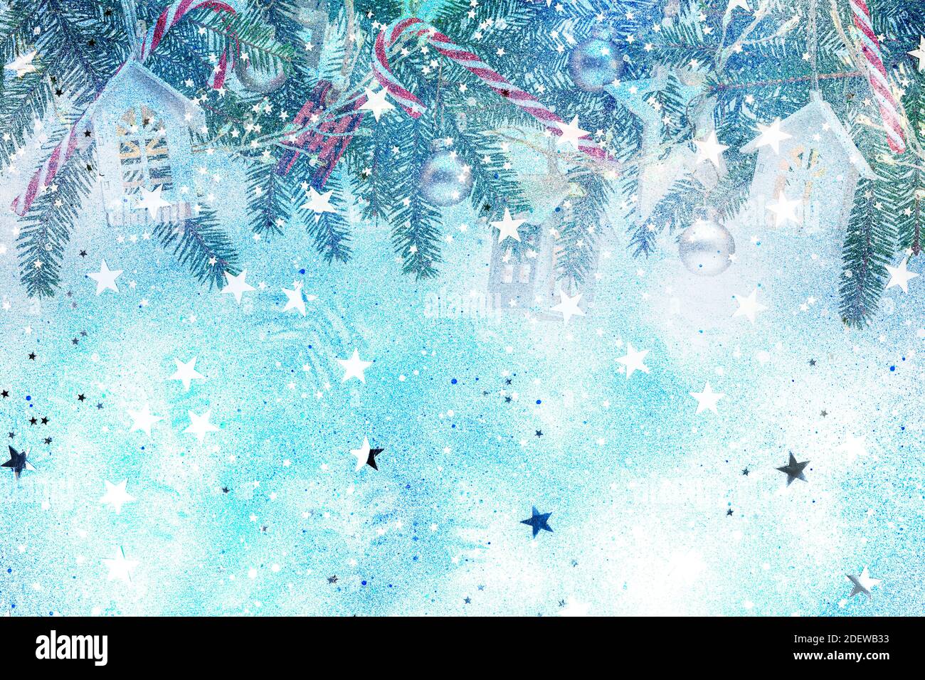 festive winter background with green christmas tree branches with ...