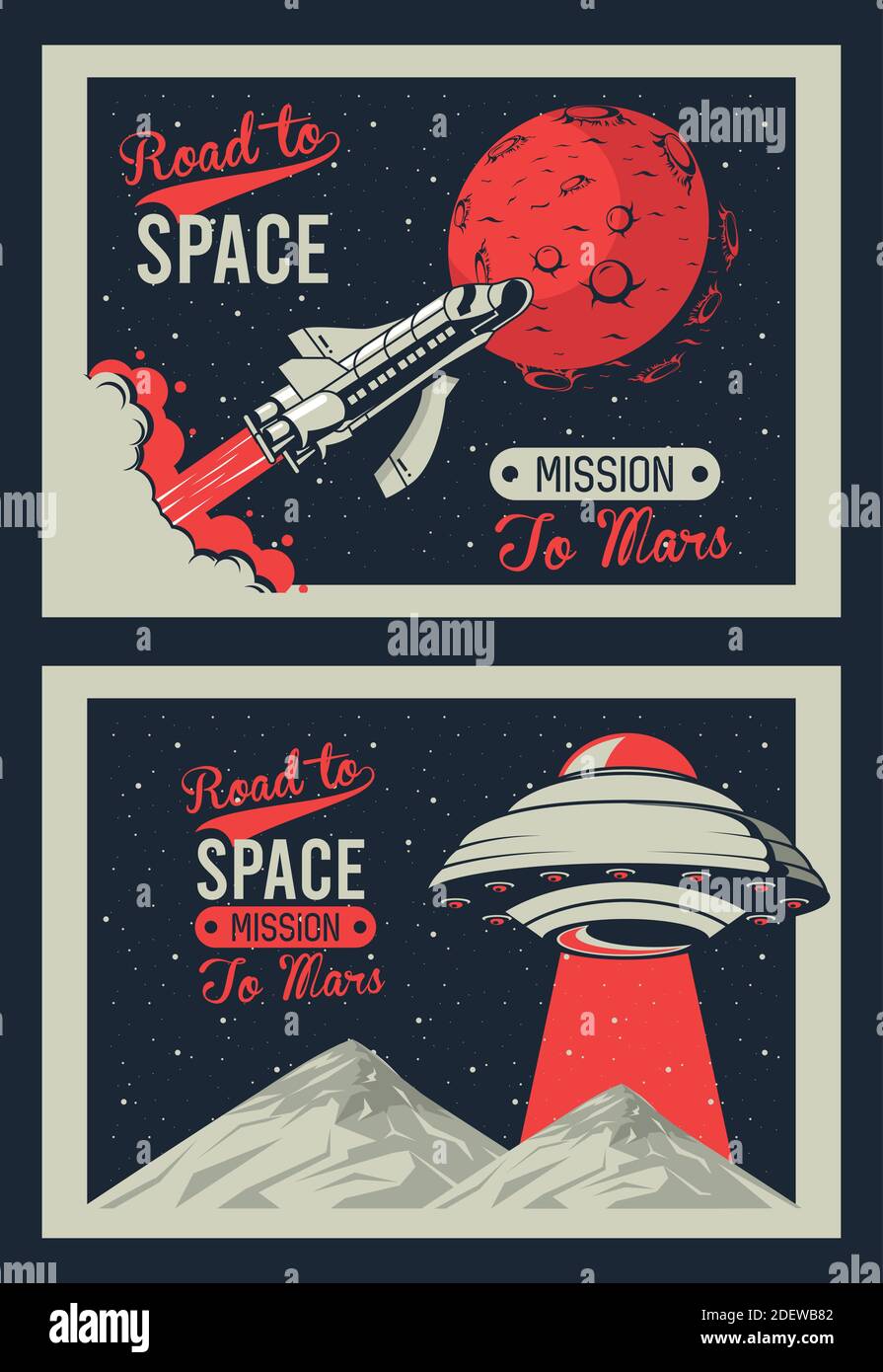 Road To Space Letterings With Ufo And Rocket In Mars Posters Vintage Style Vector Illustration Design Stock Vector Image Art Alamy