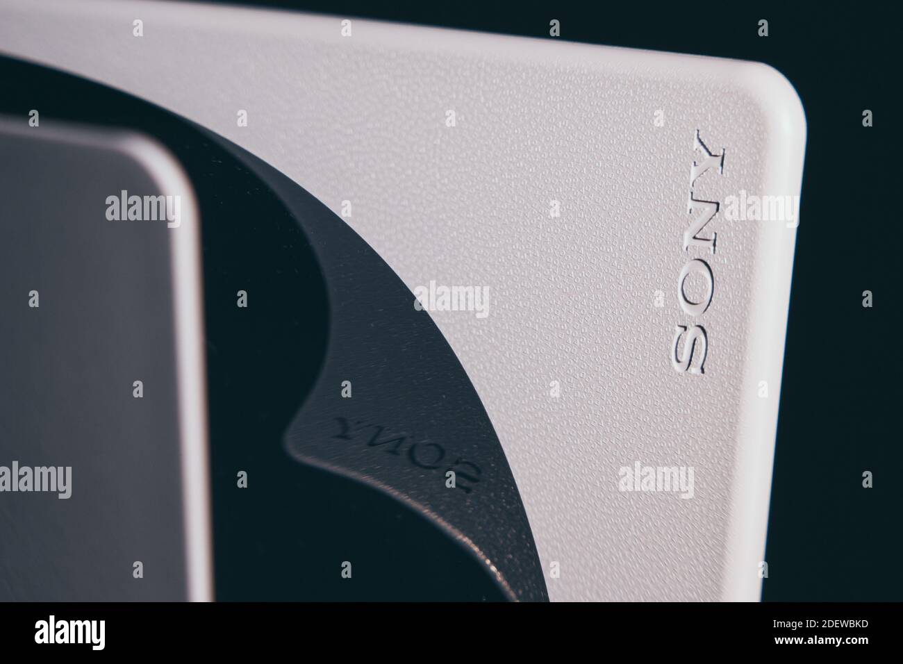Close up of Sony logo on the PlayStation 5 gaming console Stock Photo