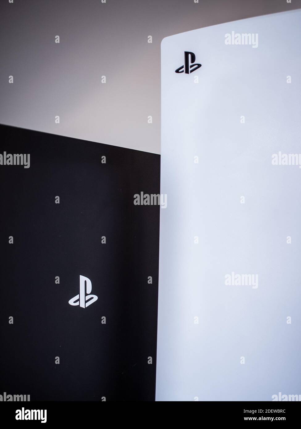 PlayStation 5 and PlayStation 4 Pro gaming consoles Stock Photo