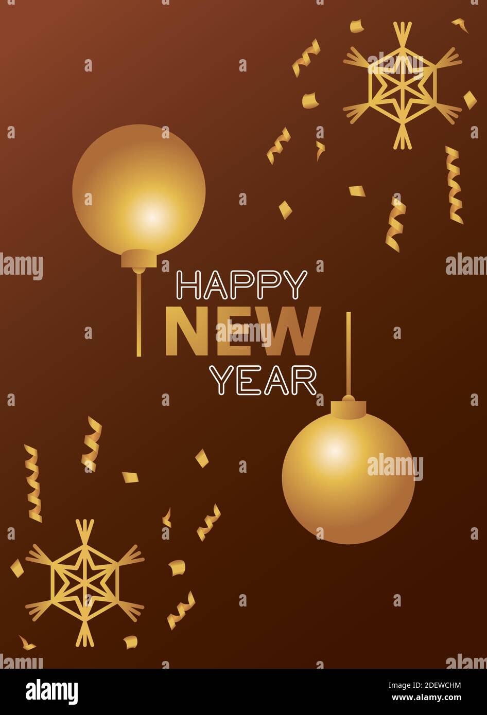 happy new year card with golden balls and snowflakes vector ...