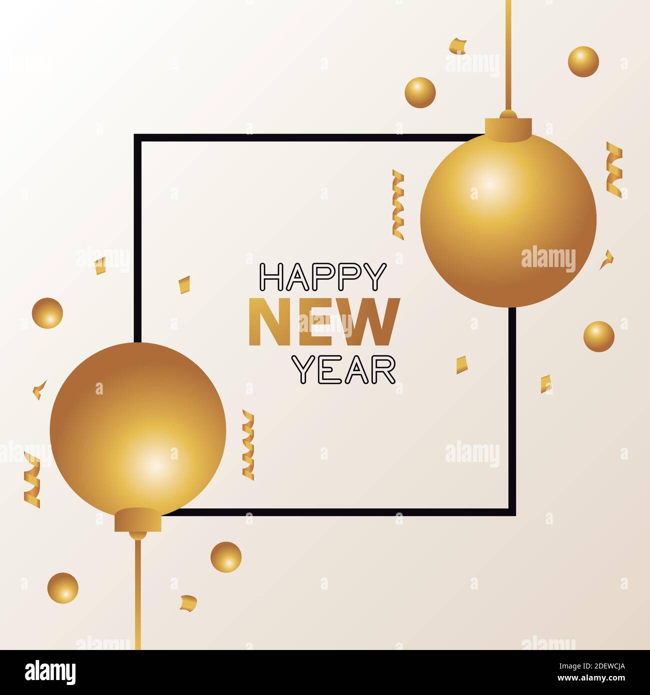 happy new year card with golden balls and confetti poster vector ...