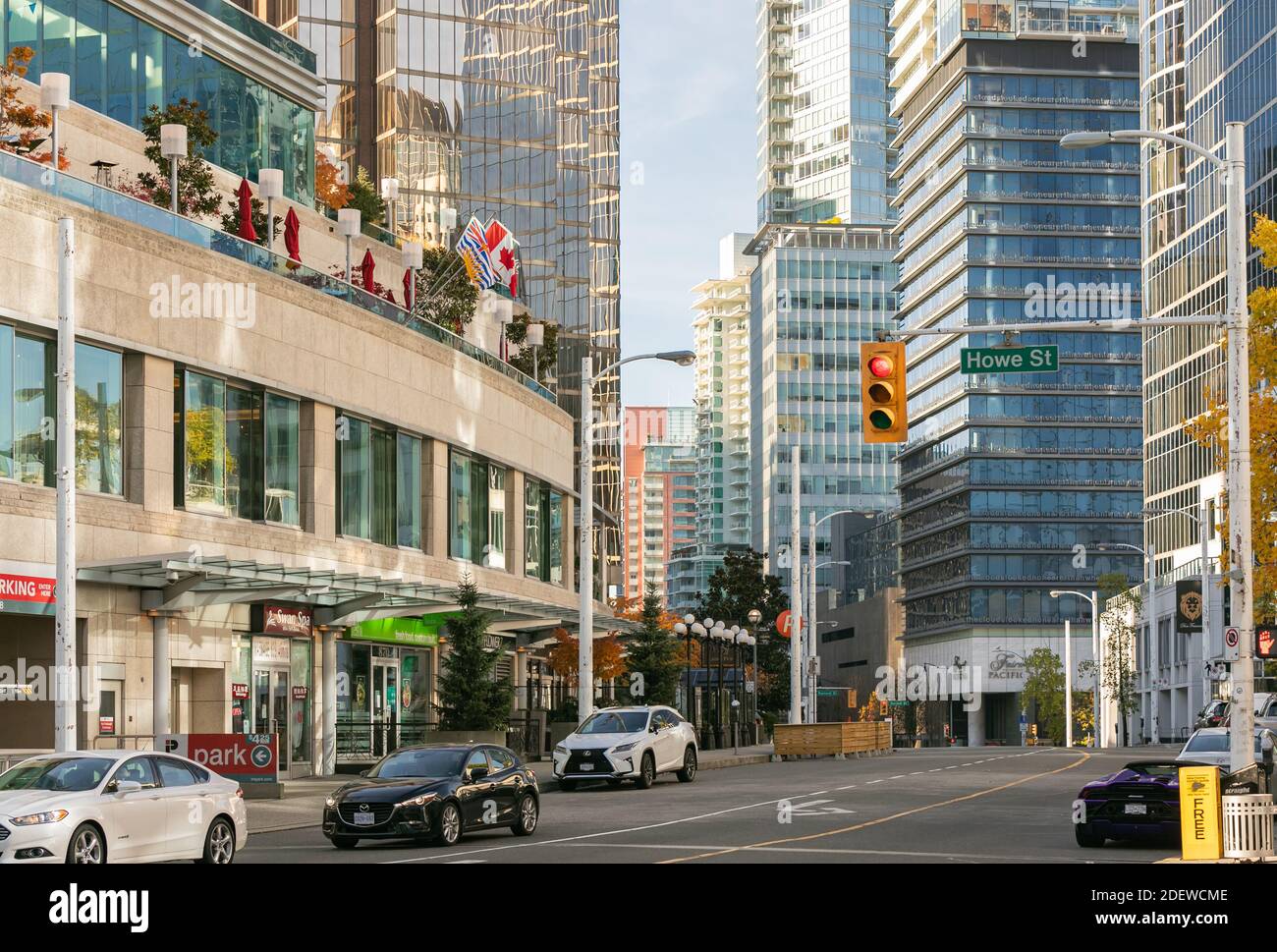 Vancouver, BC, Canada-November 1,2020. View of traffic and shoppers on Cordova Street. Street view, travel photo, selective focus. Stock Photo