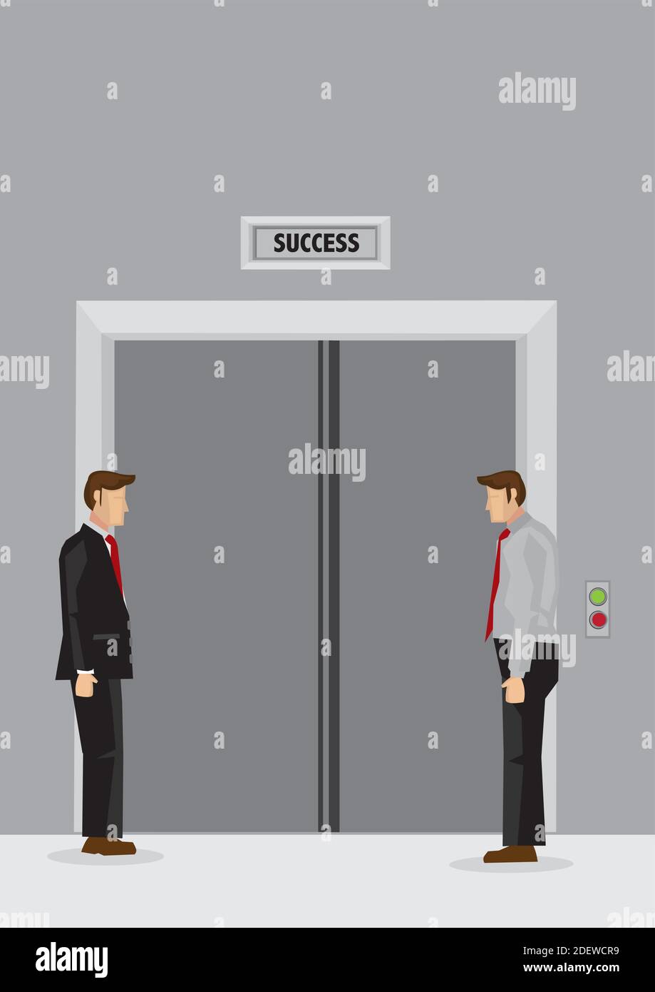 Two cartoon men standing idly in lift lobby and waiting for doors of elevator labeled Success to open. Creative vector illustration on waiting for suc Stock Vector