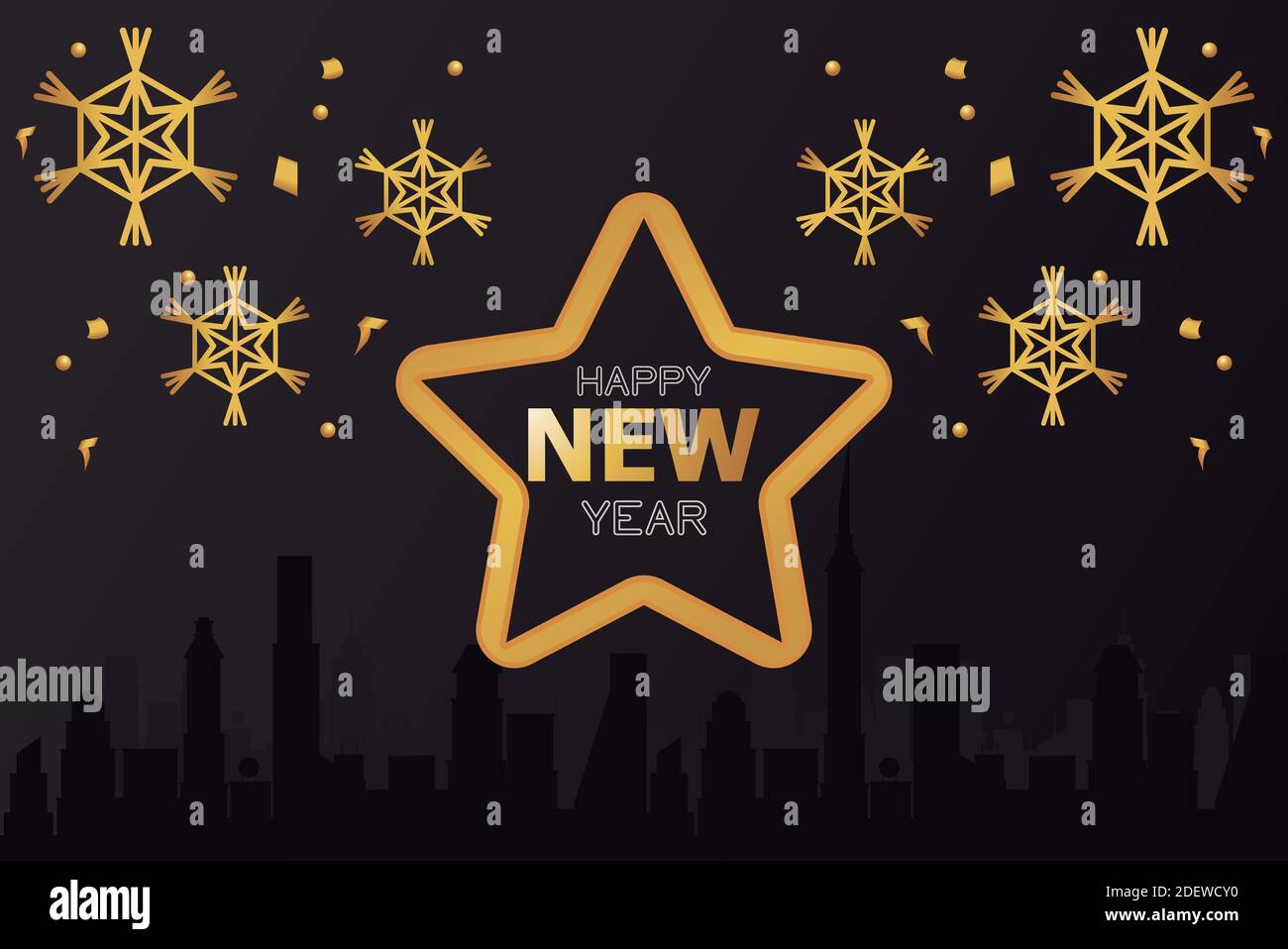 happy new year card with golden star and snowflakes vector illustration ...