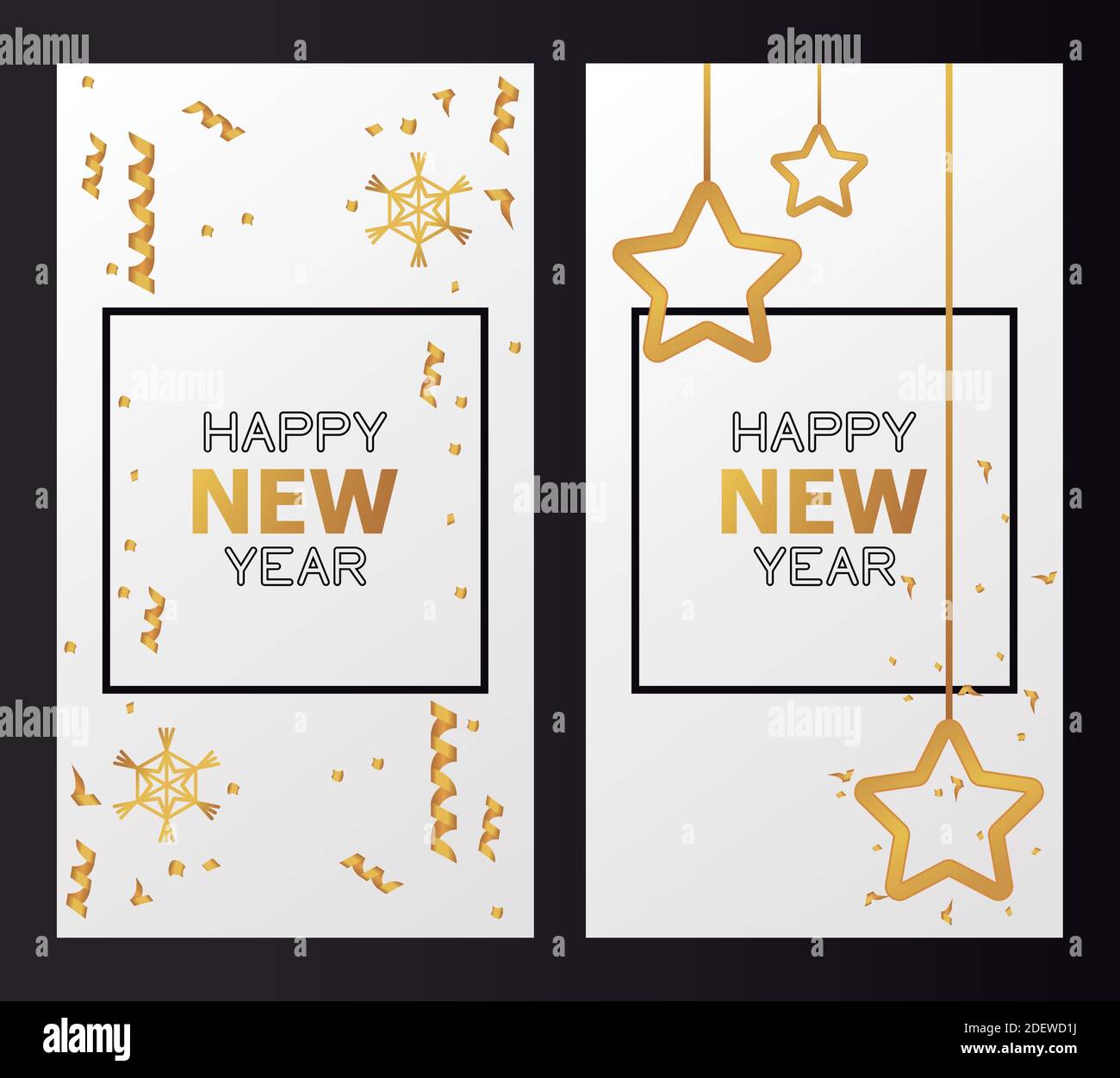 happy new year cards with golden stars hanging and confetti vector ...
